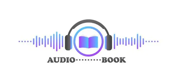 Vector illustration of Audio Book button icon. Voice waves and headphones. Flat style. Vector icon