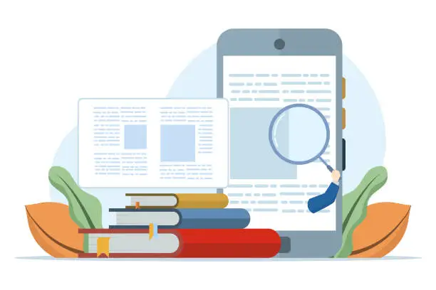 Vector illustration of concept of education, knowledge, book library, reference literature and books, online library reading books in pile of publications. Obtaining information, preparing for the exam with examples.