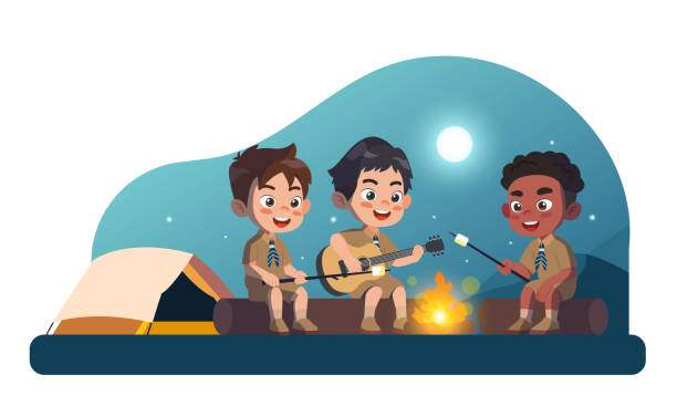 ilustrações de stock, clip art, desenhos animados e ícones de scout honor character set. happy cute kids enjoying camping, summer camp holiday set. - hiking compass compass rose boy scout