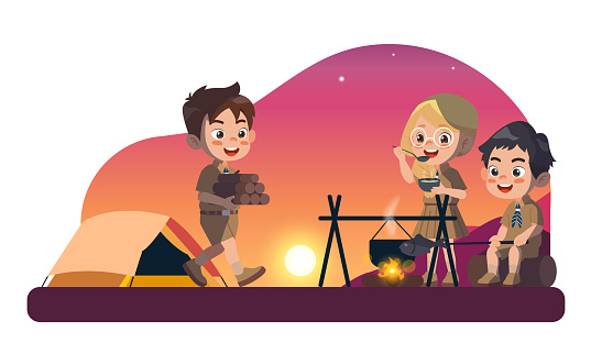 Scout honor character Set. happy cute kids enjoying cooking and camping, summer camp holiday set.