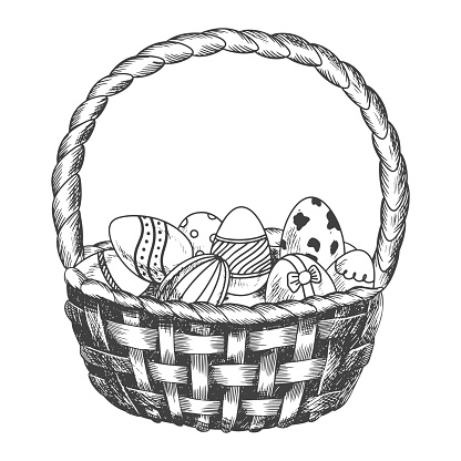 Black and white wicker basket of eggs isolated on white background. Painted Easter eggs lie in a basket with a handle. Sketch style vector illustration