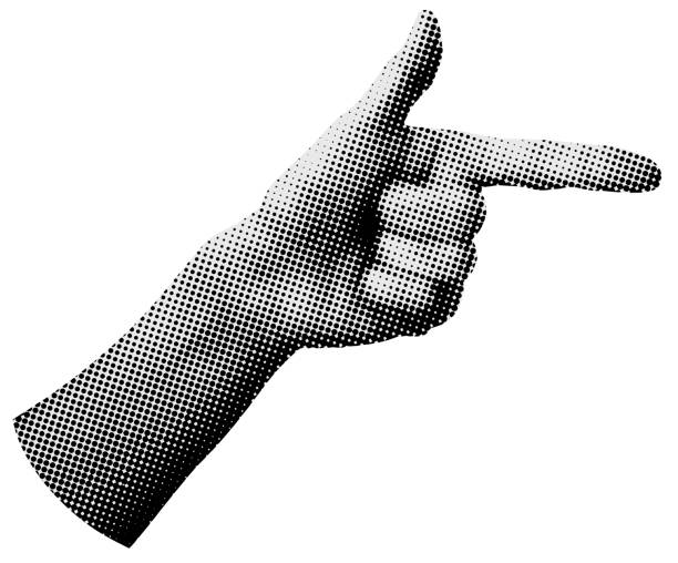 Pointing hand Pointing hand. Retro halftone. Modern collage. Gesture. Pop art dotted style. Hand with index finger with halftone texture. Trendy vintage newspaper parts. Paper cutout element. Y2K style popart hand stock illustrations