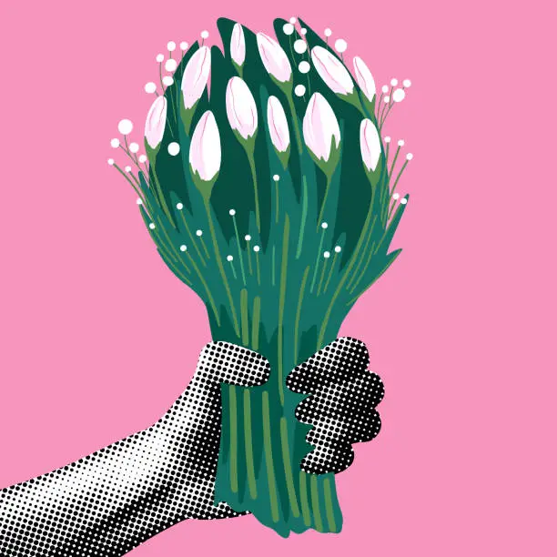 Vector illustration of Hand holds out a bouquet of tulips