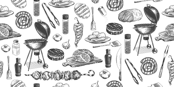 Seamless pattern with grilled meat and bbq equipment. Background with bbq food and tool. Hand drawn grilled steak, sausage, shish kebab. Roast beef on cutting board. Kitchen utensils. Kitchenware