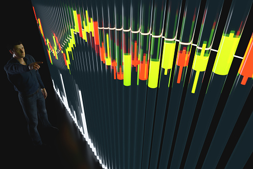 Price chart with volumes. The trader analyzes the price movement on a huge trading chart. A businessman-investor watches the movement of the price of an asset.