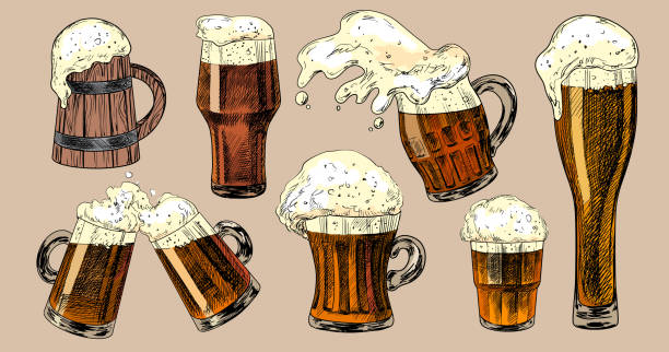 Set of beer glasses Set of beer glasses. Sketch style spilled beer. Pint glassware. Collection of engraved illustrations for pub menu. Beer Fest drinks. Hand drawn mugs of beer water colour beer hops stock illustrations