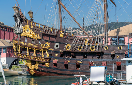 Detail of a historic sailing ship seen in Genoa, the capital of the italian region of Liguria