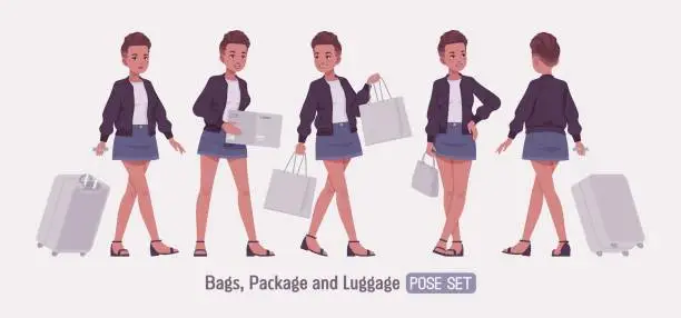 Vector illustration of Attractive girl bag, luggage, suitcase pose, urban fashion woman