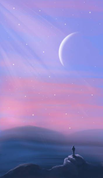 istock Man silhouette standing on rock with distant hill under star night sky and moon. Fantasy abstract landscape painting background 2081270309
