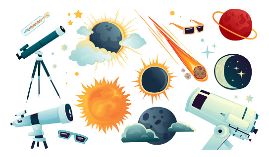 Set of space and solar eclipse. Cute illustration in flat style for children. Suitable for astronomy, decoration and stickers.