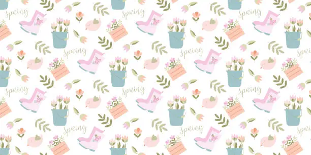 Vector illustration of Seamless pattern, Gardening Spring bright. Rubber boots, Bucket, Flowers bouquet, Bird. Leaves. Vector Flat Cute background for Printing on paper, Fabric, Packaging, Textile. Design Art Template.