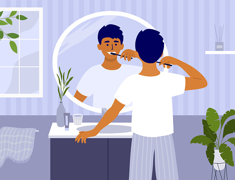 Daily morning and evening routine. Man standing in front of bathroom mirror brushing teeth tooth brush. Male taking care of dental health. Oral hygiene, white teeth healthy smile vector illustration