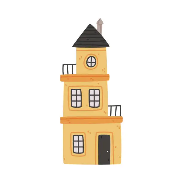 Vector illustration of Small Tall House with Slope Roof and Windows as Sweet Cozy Home Vector Illustration