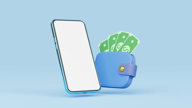 Phone with cash money into wallet float on blue background. Mobile banking, Online payment service. Smartphone money transfer. Desktop blank screen. Cartoon business. 3d animation render with Alpha.