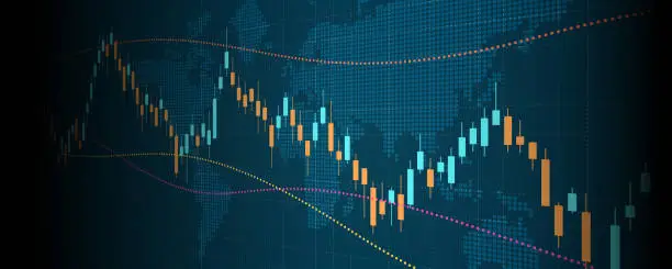 Vector illustration of Financial chart with trading graph in stock market and world map on blue color background