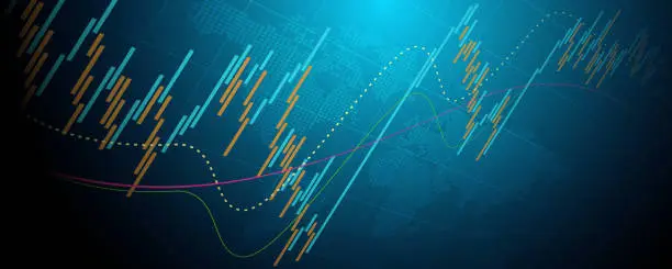 Vector illustration of Financial chart with trading graph in stock market and world map on blue color background