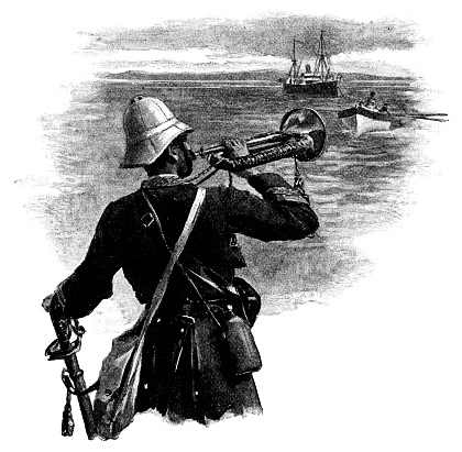 A soldier signalling a longboat with a bugle to pick up the troops and return them to the tall ship. Vintage etching circa 19th century.
