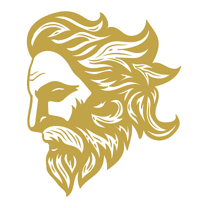 Vintage Greek Old Man Face God Zeus Triton Neptune Philosopher with Beard and Mustache Head Illustration Design Vector
