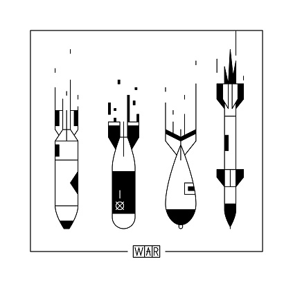 Black and white vector illustration of 4 different war missiles.