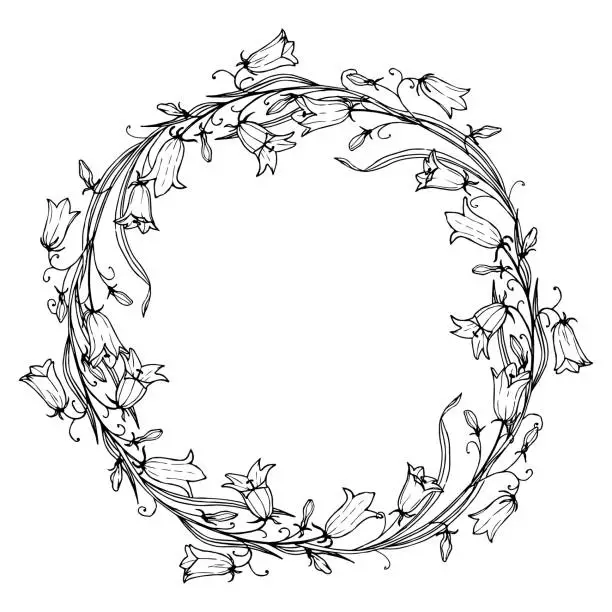 Vector illustration of Wreath with bluebell Flower vector illustration. Hand painting illustration of circular Frame for greeting cards or wedding invitations. Circlet with bellflower. Botanical template for postcards