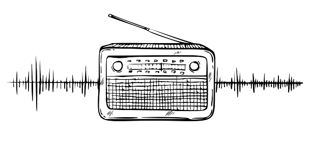 Radio vector illustration. Hand drawn linear drawing of FM tuner with sound wave painted by black inks. Sketch of old retro media equipment in outline style. Engraving of sound receiver for broadcast.