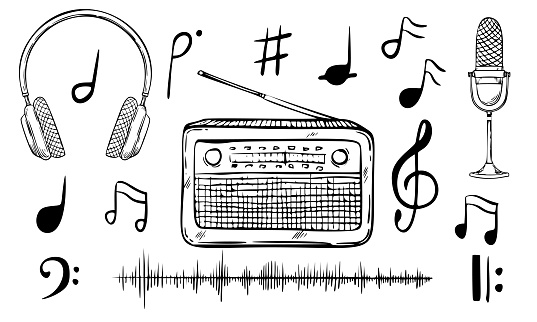 Radio vector illustration. Linear drawing of FM tuner, headphones and microphone painted by black inks. Sketch of old retro media equipment in outline style. Engraving of sound receiver with notes.
