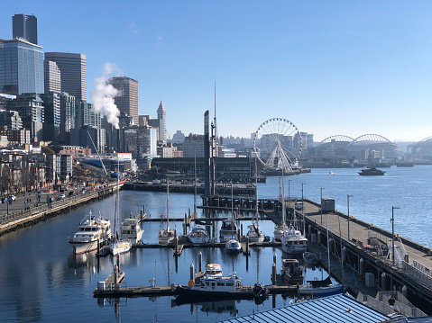 Seattle waterfront area with ferris wheel