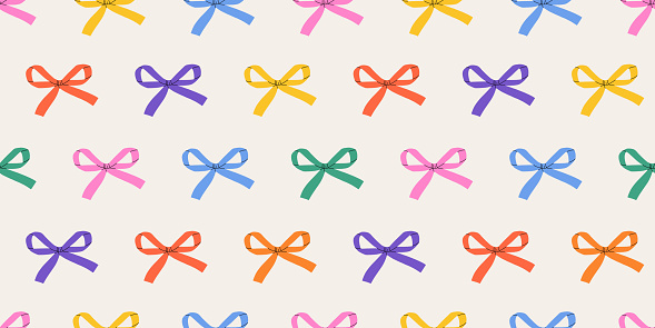 Various colorful contemporary bow knots. Hand-drawn groovy vector illustration. Simple and childish with a bow pattern. Playful and whimsical design. Trendy hair braiding accessory. Wrapping paper.