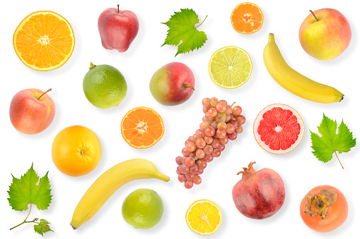 Set of bright, fresh fruits with light shadow isolated on white background.