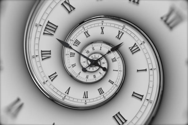 Abstract modern white spiral clock dial. Infinite time concept. Abstract modern white spiral clock dial with roman and arabic numerals. Concept of Infinite time, deadline, scheduling, time and space, past, present and future. never ending photos stock pictures, royalty-free photos & images