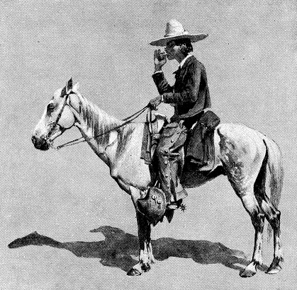 A Mexican vaquero (cowboy) in Texas, USA. Vintage etching circa 19th century.