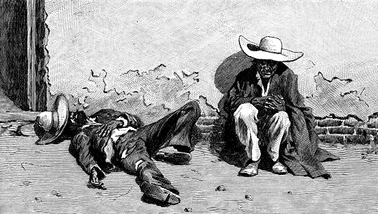 Two men having an afternoon siesta in Laredo, Texas, USA. Vintage etching circa 19th century.