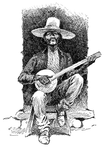 A musician playing a banjo in Laredo, Texas, USA. Vintage etching circa 19th century.