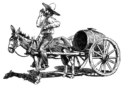 A water cart in Laredo, Texas, USA. Vintage etching circa 19th century.