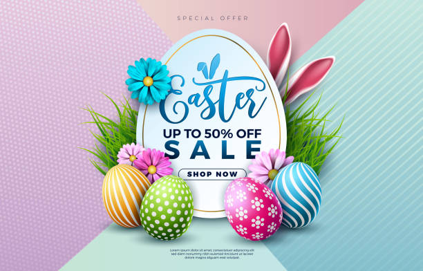 istock Easter Sale Illustration with Color Painted Egg, Spring Flower and Rabbit Ears on Abstract Colorful Background. Vector Holiday Celebration Design Template for Coupon, Banner, Voucher or Promotional Poster. 2081402945