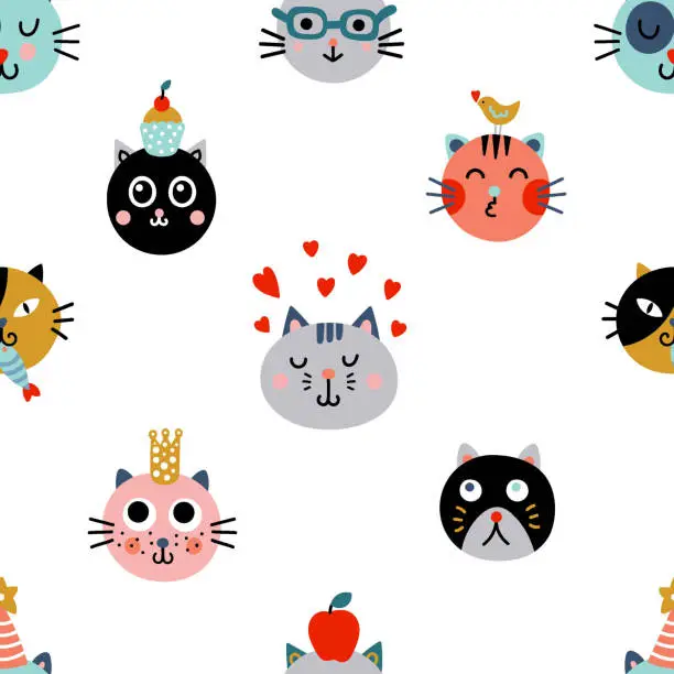 Vector illustration of Cute seamless background with funny cats in cartoon style.