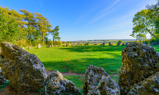 View of the ancient Rollright Stones, Neolithic stone circle, in the Cotswolds region, England, UK