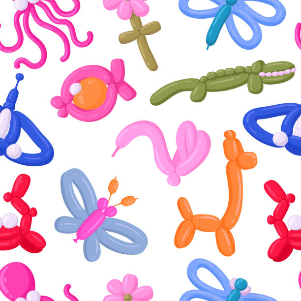 luftballons in tierform nahtlose muster. cartoon-tier-ballon-endlosdruck, geburtstagsfeier-ballons flache vektor-hintergrundillustration. tiere ballon hintergrund - balloon twisted shape animal stock-grafiken, -clipart, -cartoons und -symbole