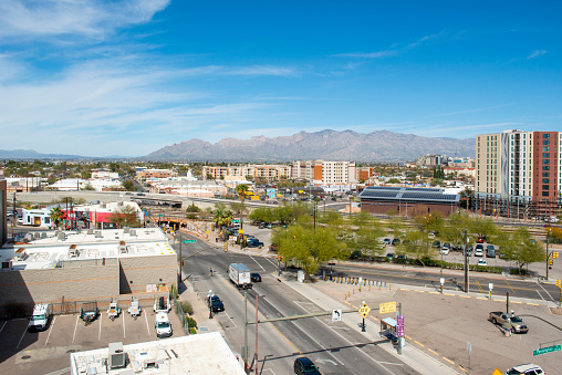 Aerial view of new construction behind the railway station in the 6th and Toole area of Tucson AZ