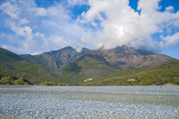 Corsica, the Nonza beach, with black pebble, in the cap Corse