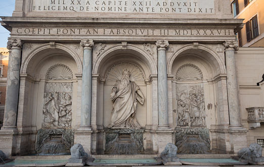 Close up of ornate sculptures of The Trevi Fountain in Rome.  designed by Italian architect Nicola Salvi and completed by Giuseppe Pannini.