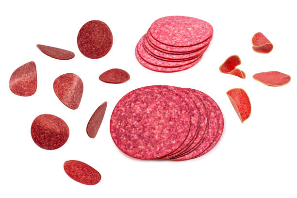 istock Falling tasty salami isolated on white 2081451189