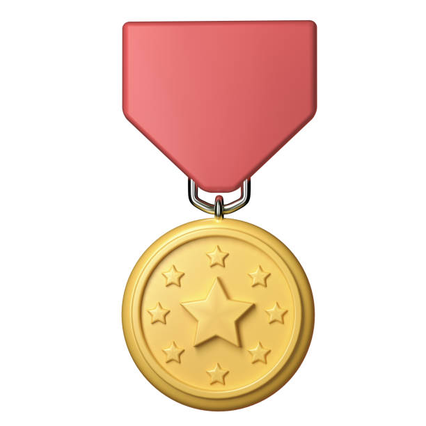Three gold medals on wooden table.