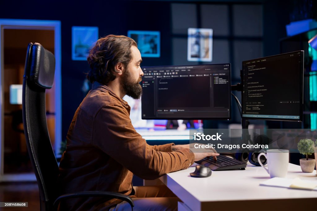 Engineer With Keyboard Computer Engineer Typing On Keyboard Writing Code To Build Firewalls ...