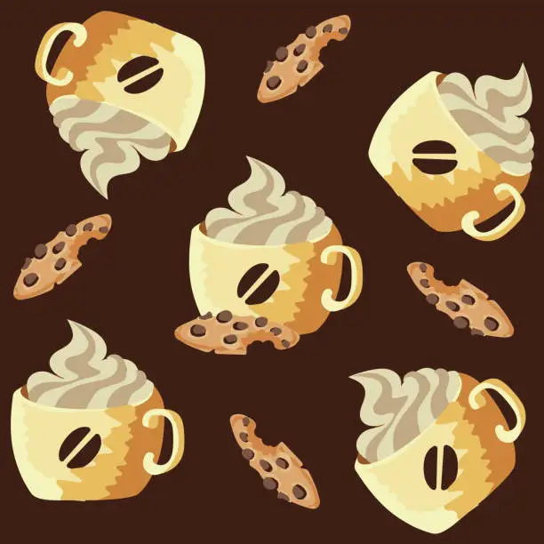 Vector illustration of A cup of coffee with cream and pieces of chocolate chip cookies. Vector stock illustration, seamless pattern on brown background.