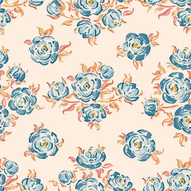 Vector illustration of Blue Roses. Rose Flower Seamless Vector Pattern. Flowers and Leaves. Vintage Floral Background.