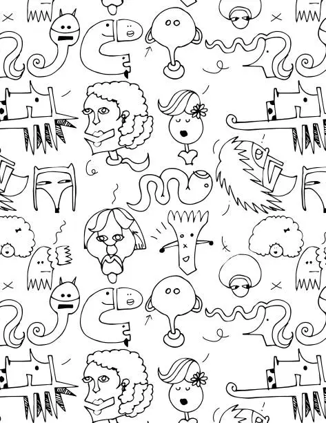 Vector illustration of Cartoon abstract characters seamless pattern, people, Graphic pencil line sketch drawing, black and white funny objects with transparent background, loopable pattern, coloring book page, fashion design for textile, fabric, clothes and wrapping, monochrome