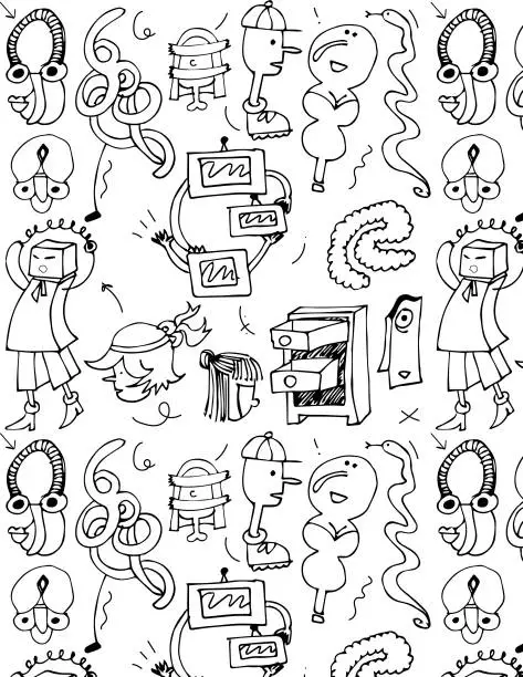 Vector illustration of Cartoon abstract characters seamless pattern, people, Graphic pencil line sketch drawing, black and white funny objects with transparent background, loopable pattern, coloring book page, fashion design for textile, fabric, clothes and wrapping, monochrome