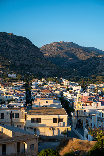 Elevated view of village and hills at sunset, Paleochora