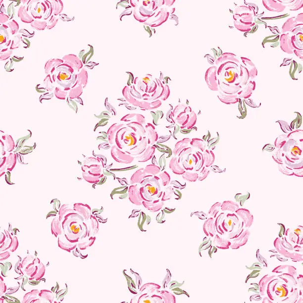 Vector illustration of Painting Pink Roses Floral Seamless Pattern. Rose Flower Bouquets Vector Background. Vintage Flowers, Leaves